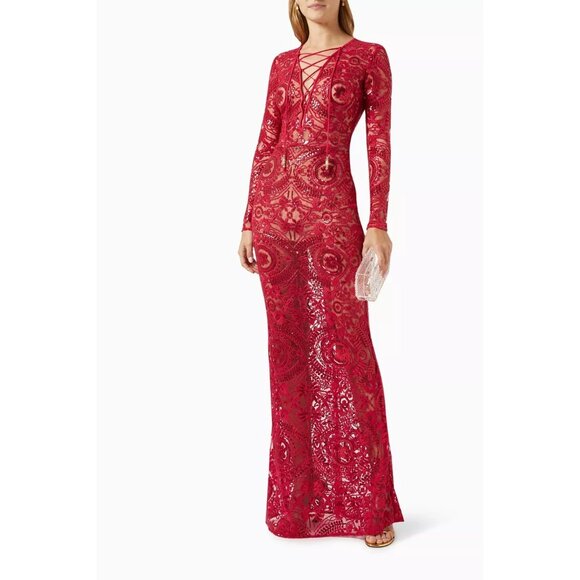 NWT $1200 Elisabetta Franchi Red Carpet Lace Dress Red Size 4 - Picture 2 of 7